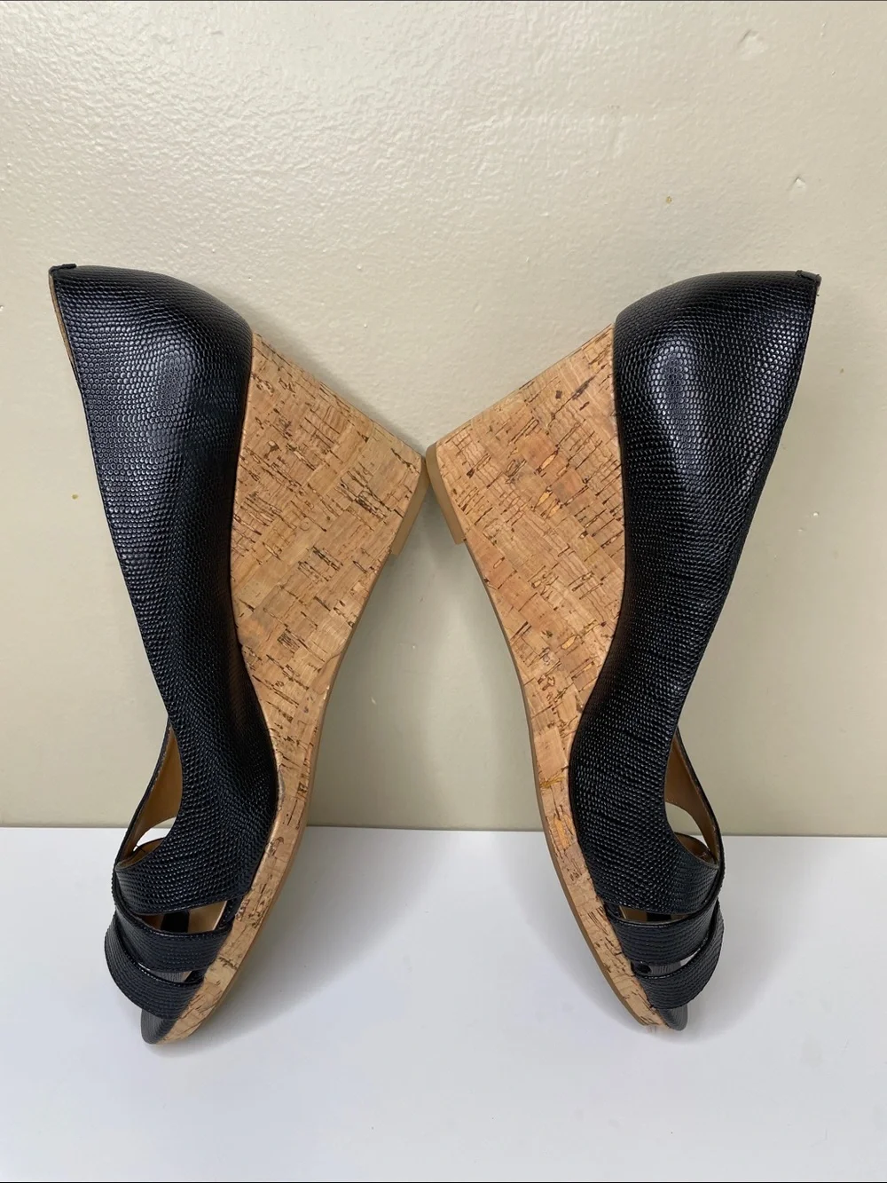 NINE WEST Black Pebble Leather JELICA Open-Toe Cork Wedge Pumps 10